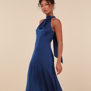 Lulus Regal Loveliness Blue Satin Pleated Mock Neck Maxi Dress - Size L